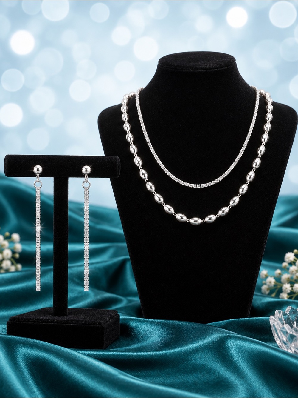 Stainless steel Silver-Tone Necklace and Drop Earring Set Elegant Silver Jewelry
